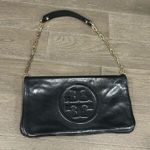 Tory Burch Black Leather Chain-Trim Wristlet Clutch